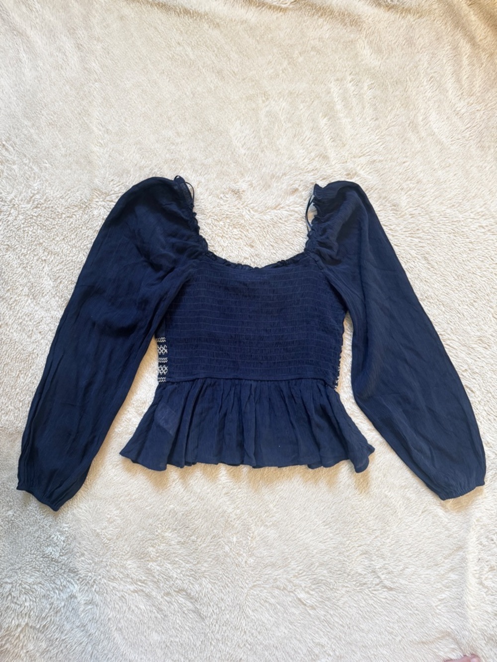 Navy Smocked Peplum Long Sleeve Top - Picture 3 of 5